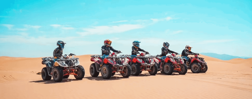 Animated scene of Little Knights participants riding all-terrain vehicles in the desert